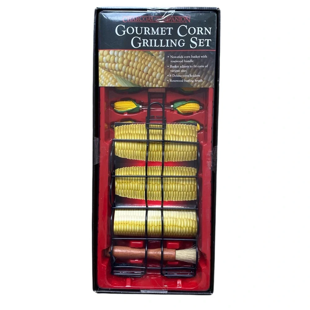 Gourmet corn grilling set with corn basket, corn holders, basting brush